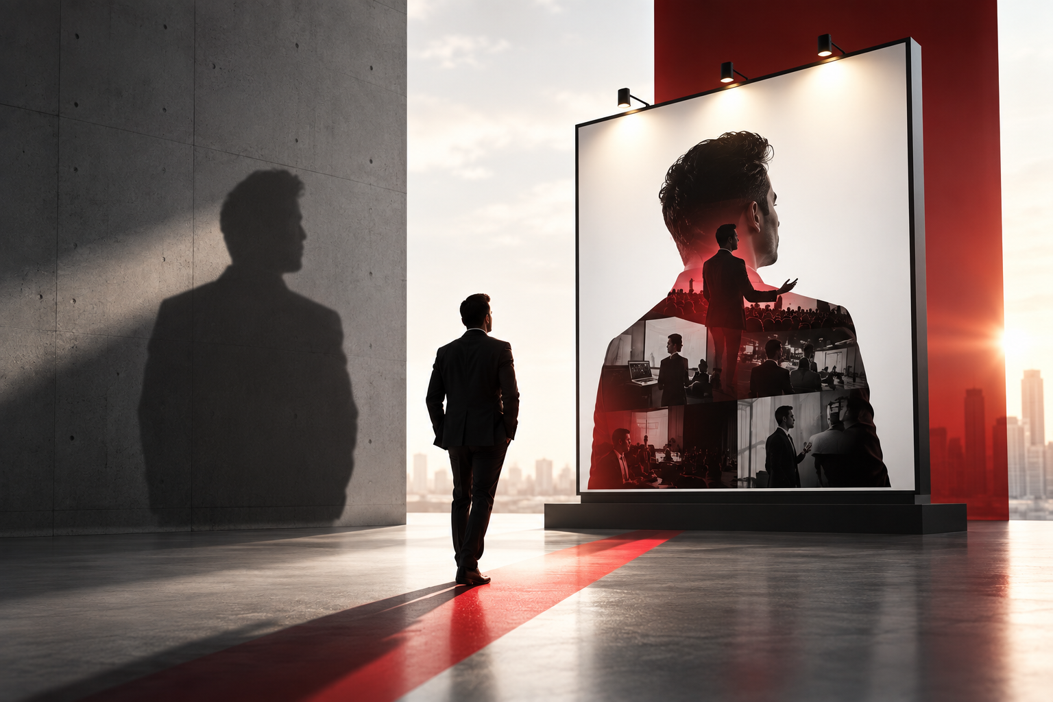 A businessman looks at a glowing billboard of his own personal brand, moving from invisible to visible